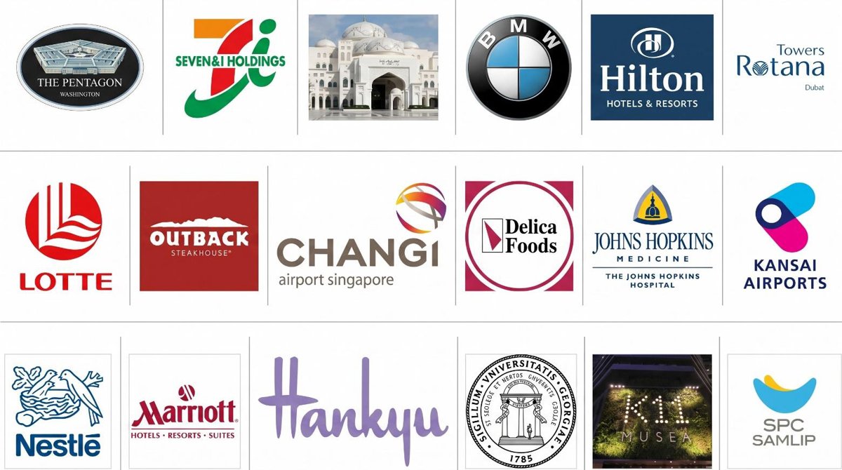 Logos de partenaires utilisant la technologie ExBio : Hilton, Marriott, Nestlé, Lotte, aéroports internationaux